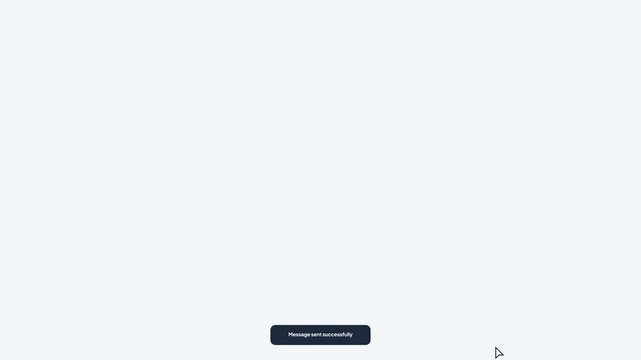 Digital email modal animation showing a message sent sequence with a dark toast notification popup