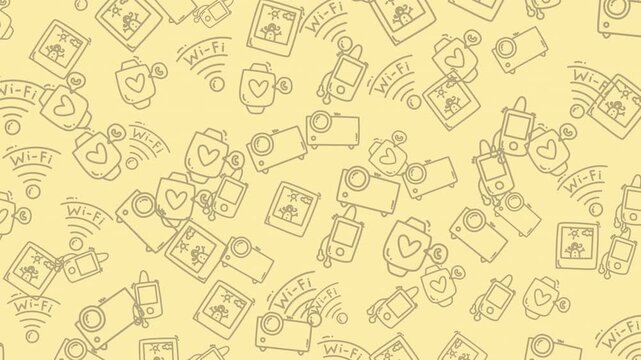 A seamless loop of hand-drawn technology doodles featuring cameras, projectors, and Wi-Fi icons on a warm yellow background. Perfect for creative tech backgrounds.