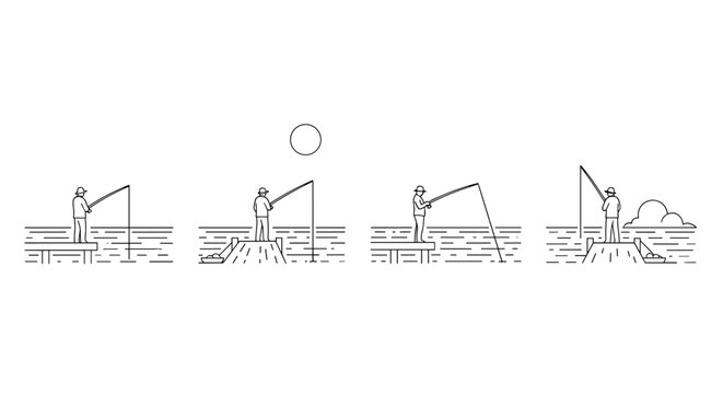 Fisherman on a pier casting a line into the water with a sun and clouds overhead