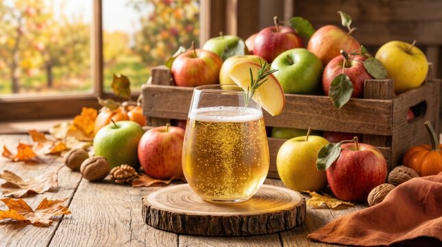 Sparkling golden apple cider in modern glass on wooden coaster, fresh apples in background add natural autumn harvest charm