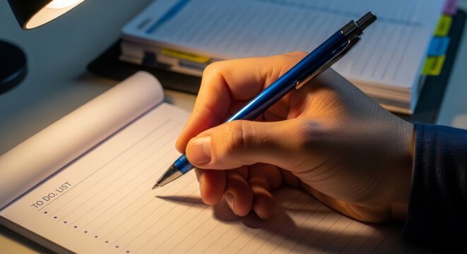 Person's Hand Holding Blue Pen Writing in Notebook