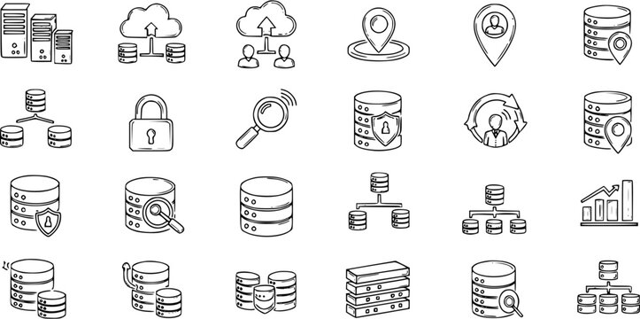 Hand-drawn database, cloud computing, server, and data security icons with network, location, and analytics illustrations in doodle style.