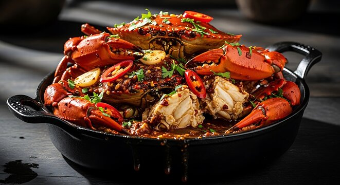Delicious spicy stir fried crab with chili and herbs in a black pan on a dark table. cajun crab