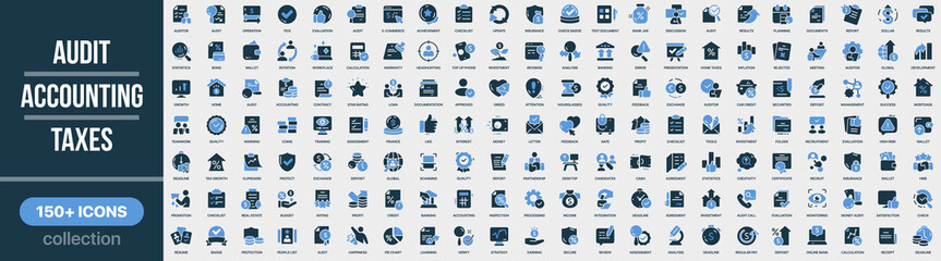 Audit, accounting and taxes icon collection in colored style. Set of audit, accounting, taxes, finance, report, calculation, budget, invoice and business analysis icons