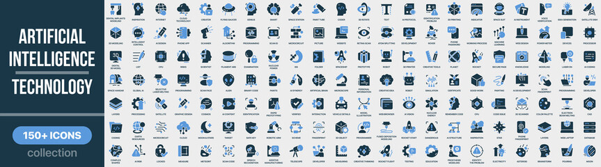 Naklejka premium Artificial intelligence and technology icon collection in colored style. Set of artificial intelligence, machine learning, robotics, data processing, innovation, digital systems and tech icons