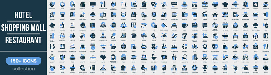 Plakat Hotel, shopping mall and restaurant icon collection in colored style. Set of hotel services, shopping, dining, hospitality, booking, travel service and customer experience icons