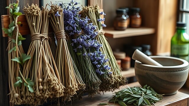 Dried valerian herb bundles on rustic wooden rack with apothecary bottles nearby.