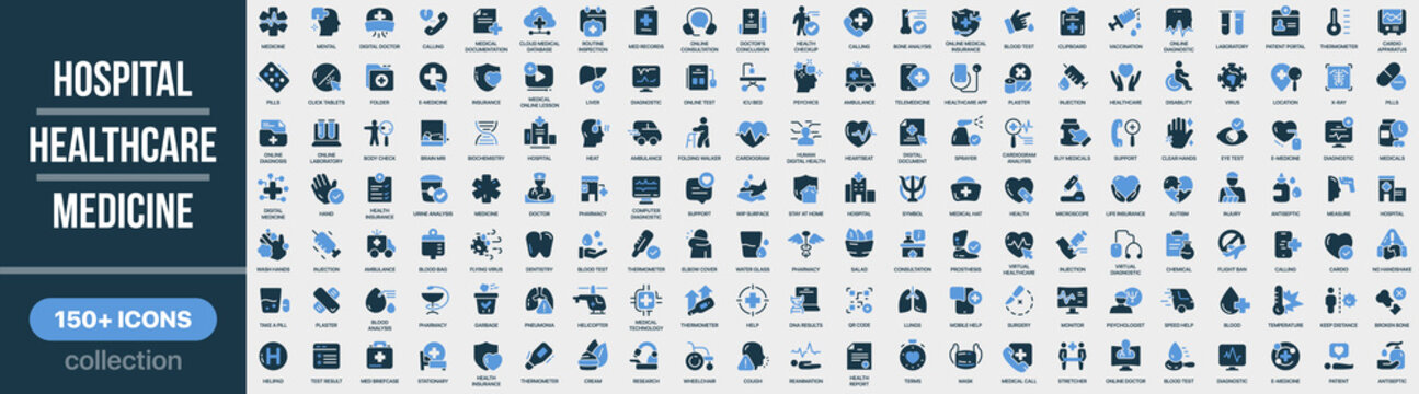 Hospital, healthcare and medicine icon collection in colored style. Set of medical services, doctor, hospital, treatment, diagnostics, emergency, pharmacy and healthcare icons