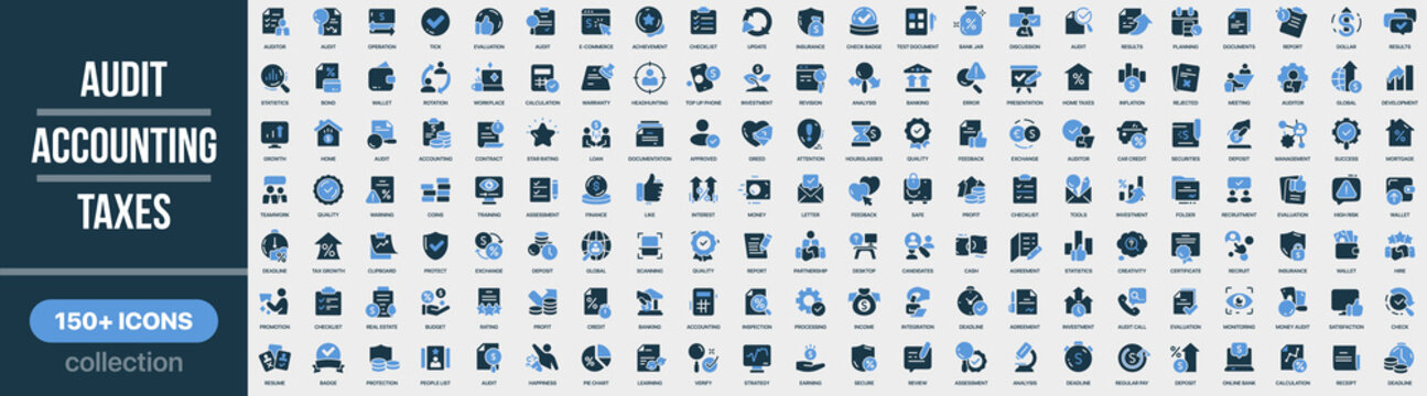 Audit, accounting and taxes icon collection in colored style. Set of audit, accounting, taxes, finance, report, calculation, budget, invoice and business analysis icons