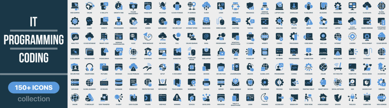 IT, programming and coding icon collection in colored style. Set of programming, coding, software, development, computer, technology, internet and digital icons