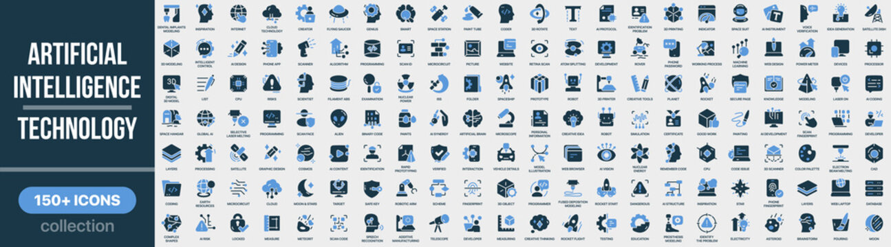 Artificial intelligence and technology icon collection in colored style. Set of artificial intelligence, machine learning, robotics, data processing, innovation, digital systems and tech icons