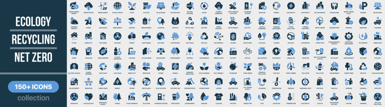 Ecology, recycling and net zero icon collection in colored style. Set of ecology, recycling, sustainability, energy, environment, green solutions and climate icons
