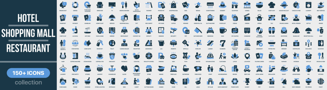 Hotel, shopping mall and restaurant icon collection in colored style. Set of hotel services, shopping, dining, hospitality, booking, travel service and customer experience icons