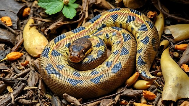Satiated python snake coiled amid food remnants with visibly distended abdomen.