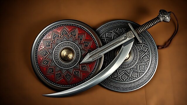Traditional Rajput curved sword and shield with detailed metalwork on textured background.