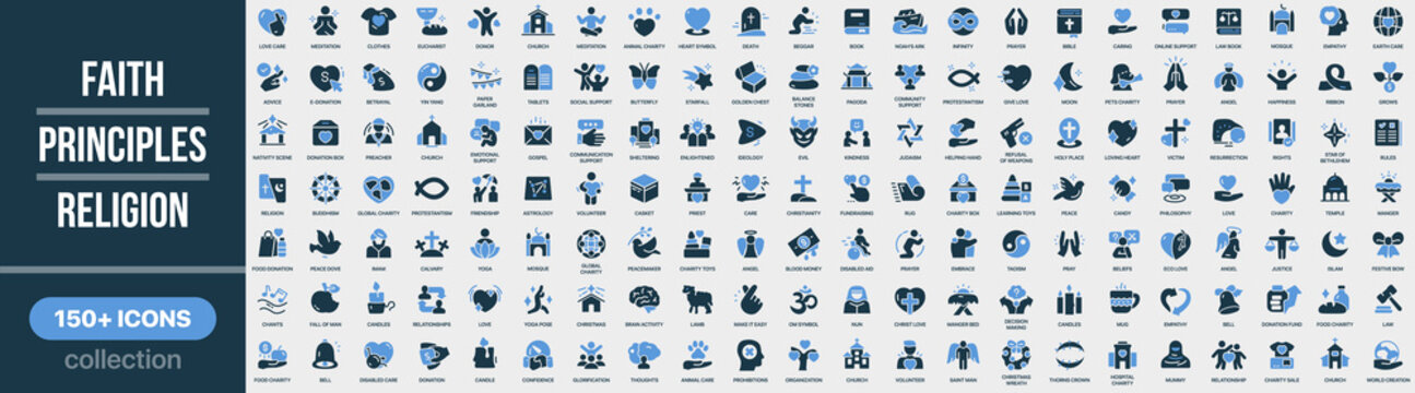 Faith, principles and religion icon collection in colored style. Set of religion, faith, spirituality, beliefs, worship, church and moral values icons