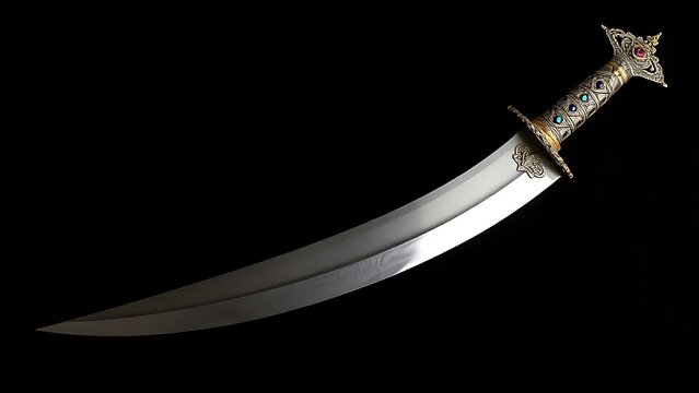 An ornate curved dagger with a jeweled hilt on dark velvet.