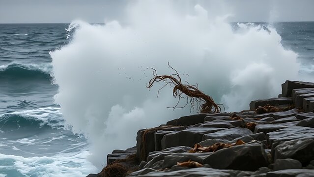A massive wave hurls seaweed into the air from a rocky outcrop during a storm.