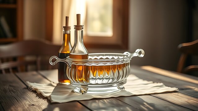 Classic glass cruet set on rustic wooden table with linen cloth, sunlight streaming through.