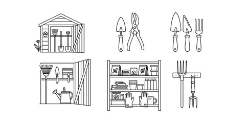 Naklejka premium Collection of line art illustrations depicting various gardening tools and storage solutions