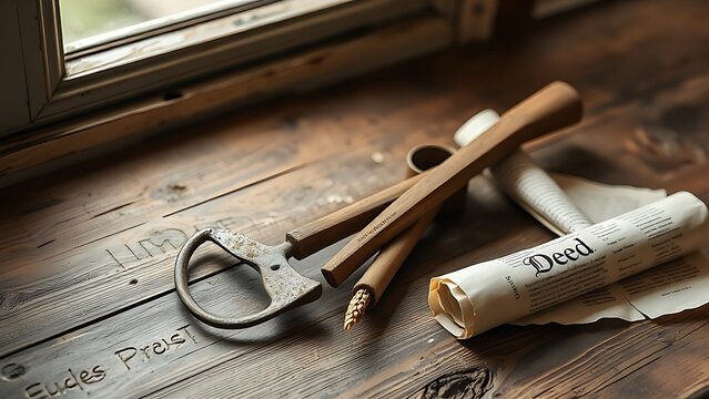 Rustic tabletop with a plowshare, grain measure, and rolled parchment.