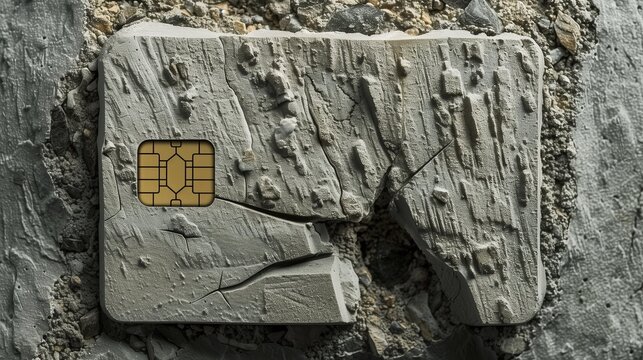 Ancient stone credit card with EMV chip embedded in rock texture, concept of primitive finance or debt