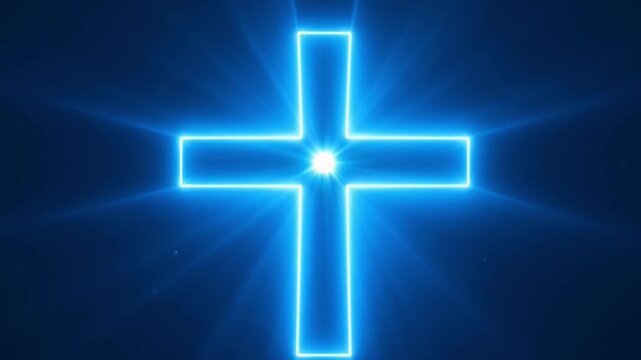 A glowing blue neon cross radiates divine light rays in a dark spiritual space, digital art style.