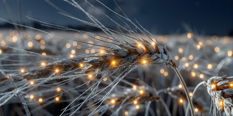 Fototapeta premium Icy wheat with glowing lights. Chilly grain heads under delicate frost crystals and warm glow