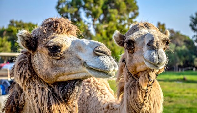 Close-up of two camels, their faces pressed close together, bathed in sunlight. Green grass and trees are in the background