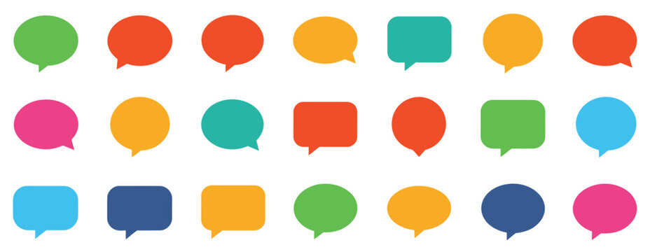 Colorful blank speech bubble icon set, empty chat and message boxes for text, dialogue and communication frames, balloon speak sign vector illustration, clean modern UI design.