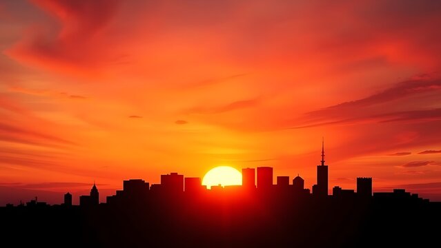 Urban skyline at sunset, simplified architectural shapes against a colorful gradient sky.