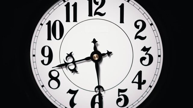 Close-up timelapse shows ornate black hands racing over a white analog clock face. The swift rotation emphasizes urgency and the relentless passage of moments.