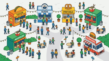 Fototapeta premium A vibrant flat design illustration depicting a bustling global street food festival, showcasing a variety of delicious international culinary delights.