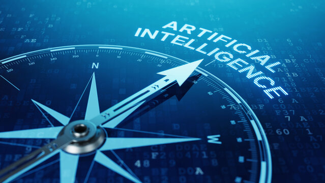 Artificial Intelligence concept - Compass needle pointing artificial intelligence word. 3d rendering