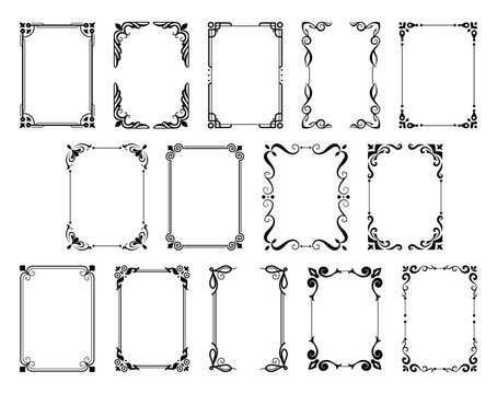 Decorative frames. Vintage calligraphic antique borders. Ornate calligraph rectangle frames, wedding elegant ornamental borders and filigree floral ornaments for framed certificate template