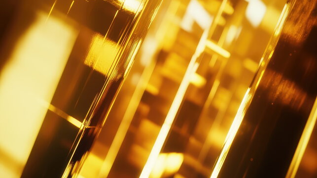 Golden abstract background with glossy metallic surfaces catching light to form glowing diagonal lines, rich reflections and smooth textured curves for a luxurious, modern feel