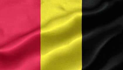 Obraz premium The Belgian flag waves with vertical black, yellow, and red stripes, symbolizing national identity, heritage, and pride, presented with motion and texture as a European emblem.