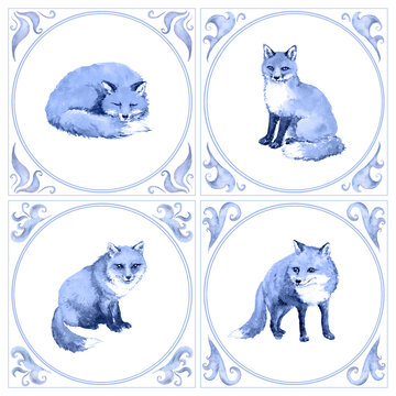 Coordinated watercolor fox, cat, and wolf-like animals shown in four oval frames with decorative swirls; suitable for branding accents, cards, and wall art. Part of a coordinated matching pattern set.