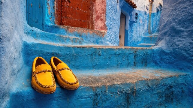 Vibrant blue Moroccan staircase with yellow suede loafers and textured walls on a sunny day creating a culturally rich and visually striking scene