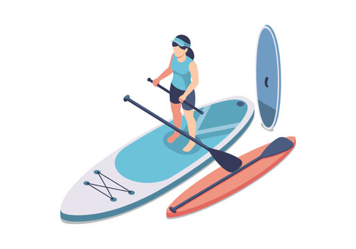 Woman standing on paddleboard with paddles and other boards around her