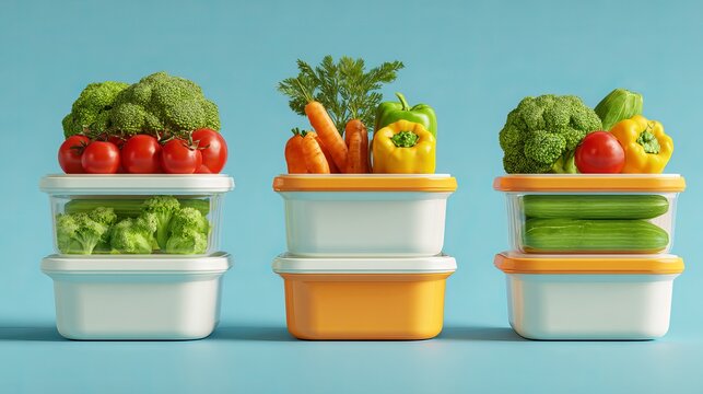 A colorful arrangement of fresh vegetables in plastic containers on a blue background