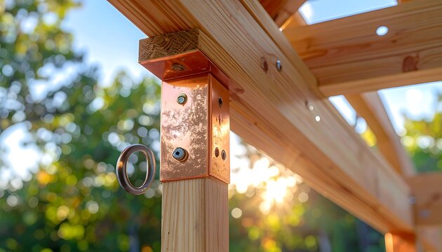 Close-up of wooden beams joined by copper hardware, with a metal ring hanging. Sunlight streams through the trees in the background