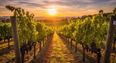 Fototapeta premium Golden Sun Drenches Vineyard Rows in Late Summer Light