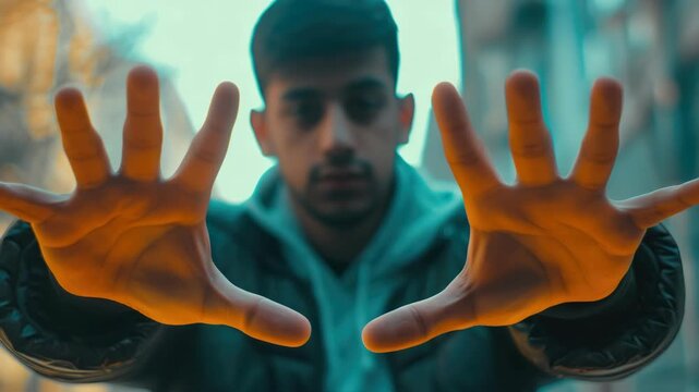 A man standing and extending his hands outwards.