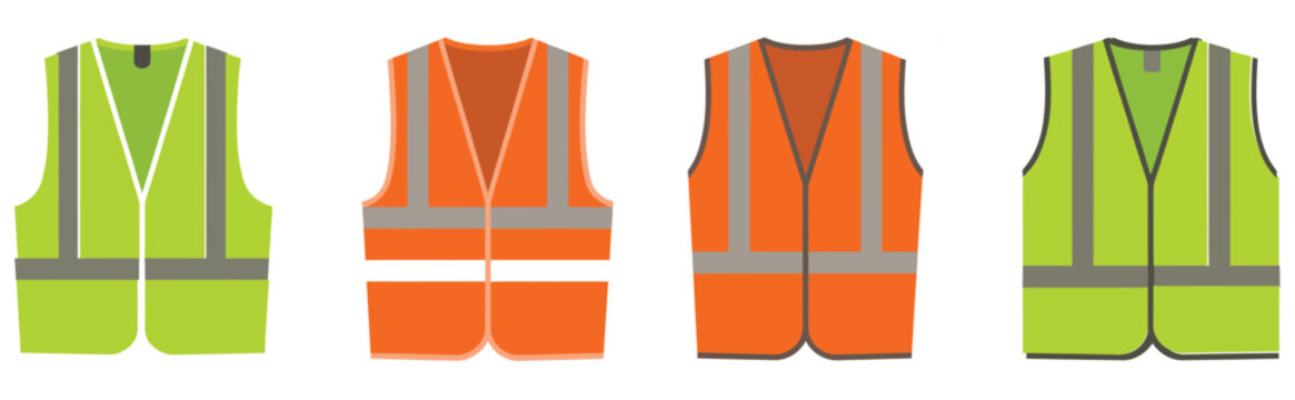 High-visibility safety vest collection, road construction reflective jackets in green, orange, and yellow colors, worker safety uniform mockup, simple modern vector design.