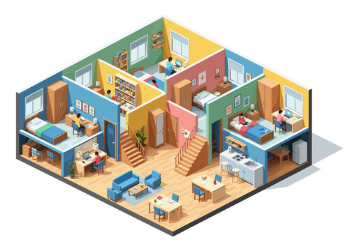 Isometric view of a multi-story student dormitory with people studying and relaxing