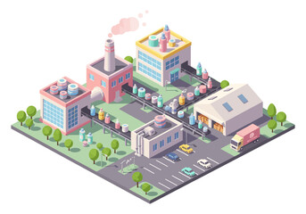 Fototapeta premium Isometric factory production line with conveyor belts and finished goods