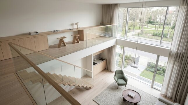 Modern Duplex Apartment Interior with Open Plan Living and Large Windows.