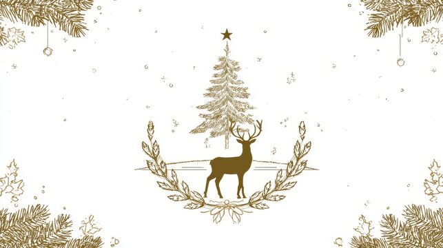 89.Concept = Minimal art deco with christmas tree, reindeer, wreath outline. vector illustration for Christmas party invitation card, postcard, menu, print, social media template