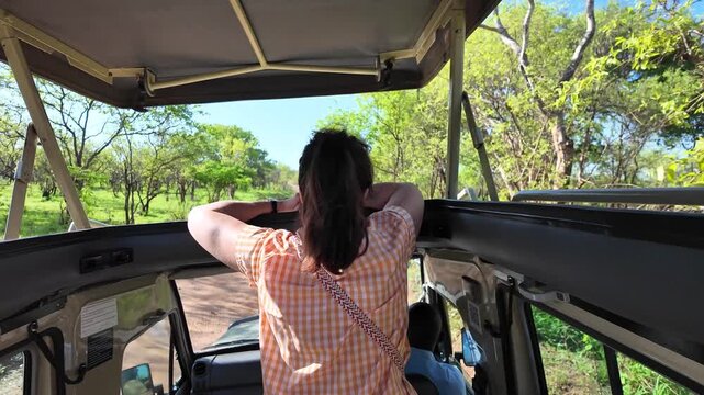 Frau steht in einem offenen Safari Gel&auml;ndewagen mit Hubdach w&auml;hrend der Fahrt
